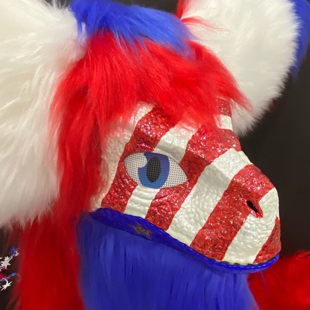 Dino Furry Mask. Patriotic Red White and Blue Glitter Fursuit Head  read detail